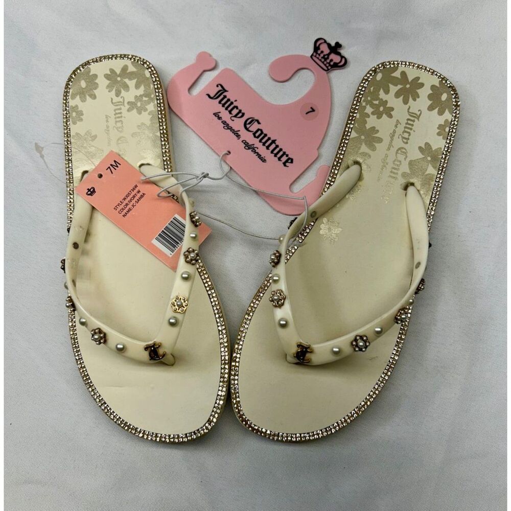 Juicy Couture Flip Flop Sandals Flat Ivory Embellished Crystal Pearl Wedding Sz7